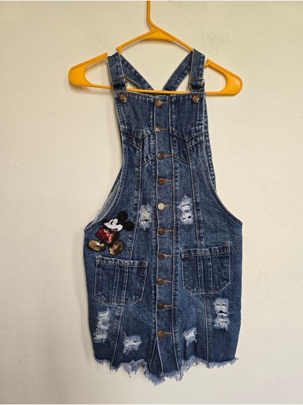 Disney Mickey Mouse Denim Overall Dress RX Jeans Distressed Size Medium - Picture 1 of 17